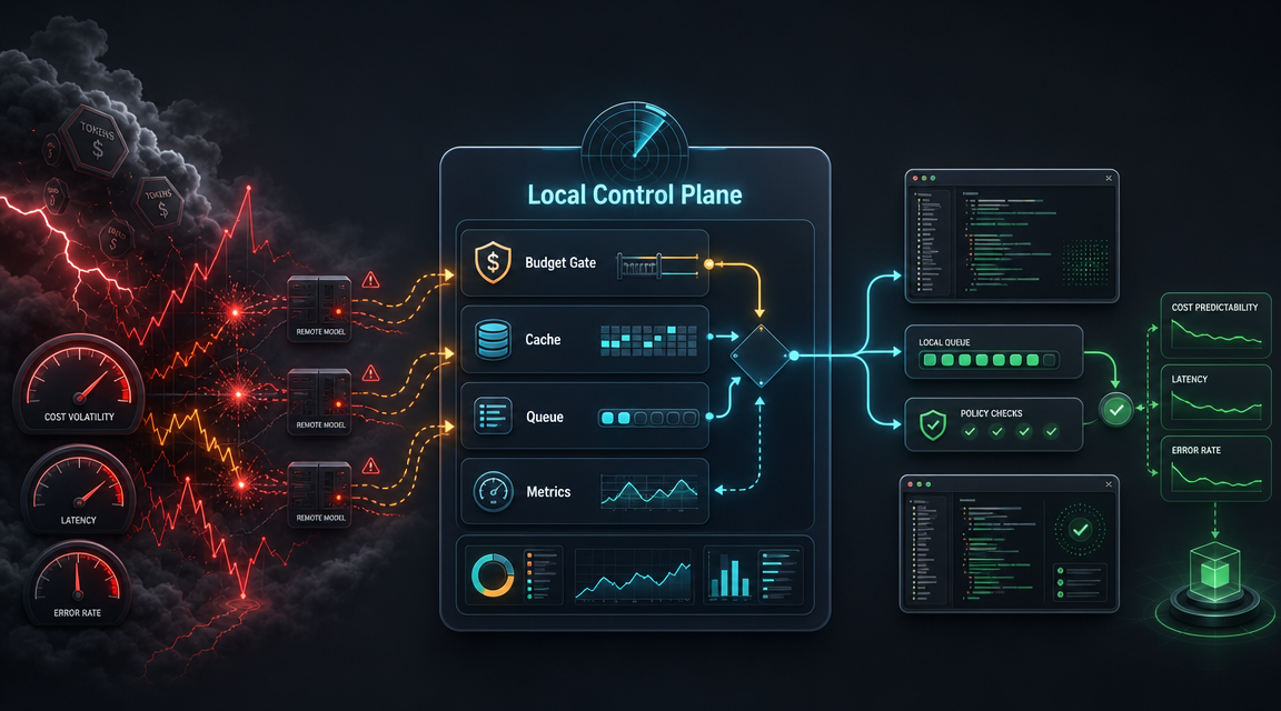 Dashboard-style illustration showing a centralized control plane and analytics interface relevant to local-first orchestration