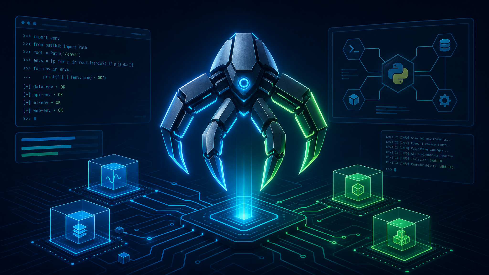 Technical diagram showing a glowing mechanical claw operating over structured software environments