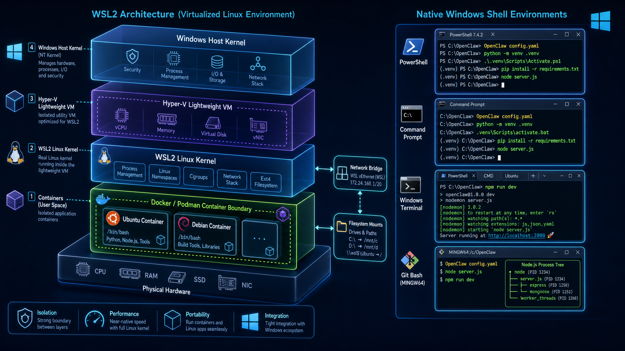 A sleek, professional technical diagram showing WSL2 container boundaries and native Windows shell environments