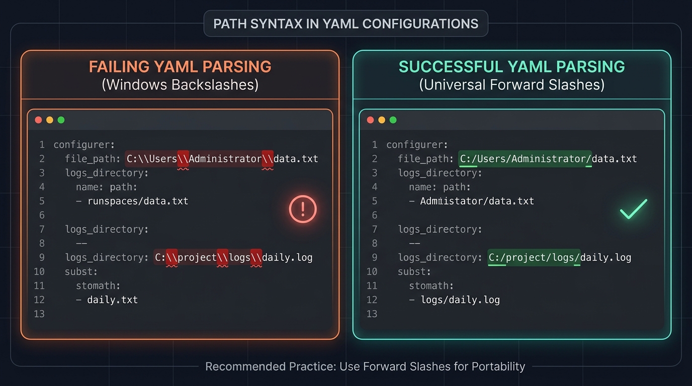 A sleek technical diagram showing failing YAML parsing with backslashes vs successful YAML parsing with universal forward slashes