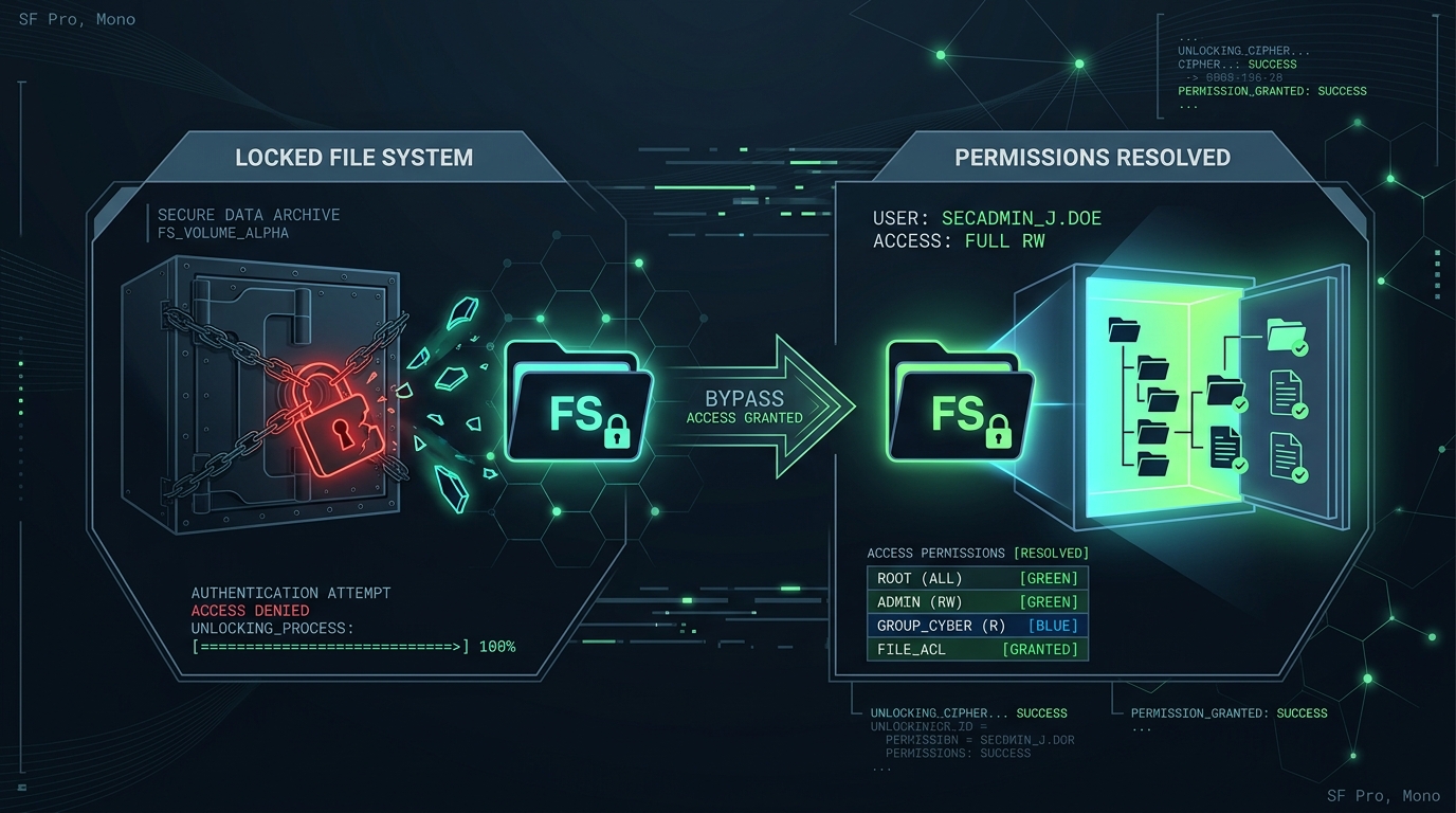 A sleek, professional technical illustration of a file system lock breaking and permissions being resolved cleanly