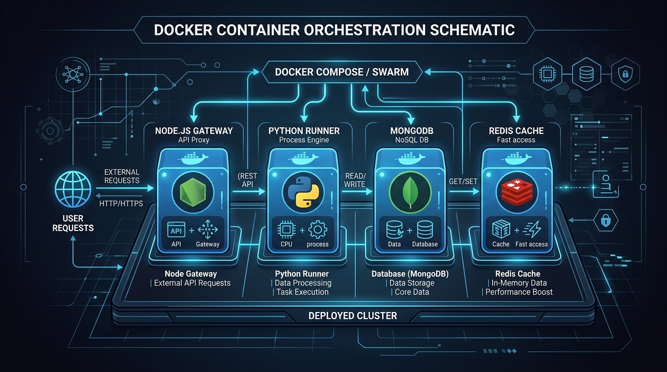 Sleek technical schematic showing multi-container Docker Compose orchestration for OpenClaw gateway, runners, and storage