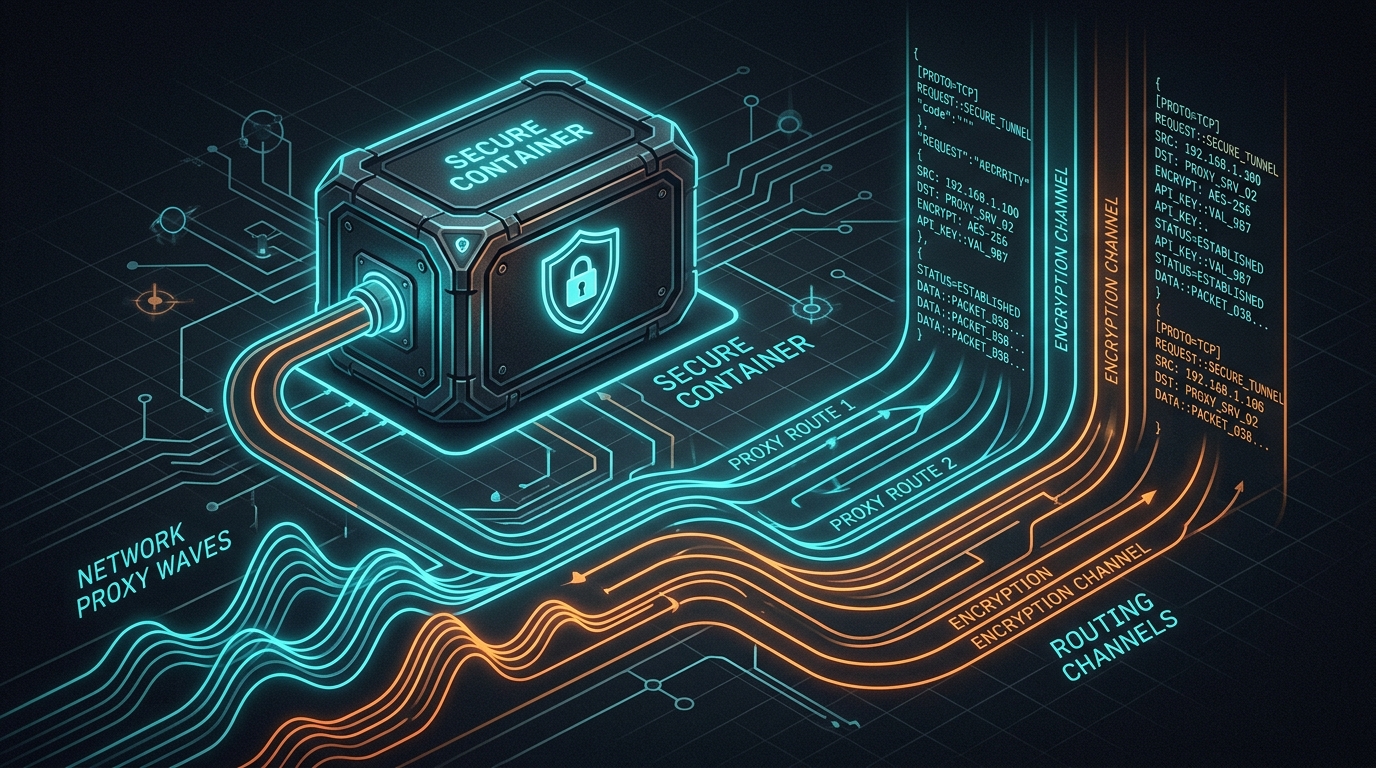 A sleek, dark-themed technical illustration of network proxy routing waves passing smoothly into a containerized Docker environment