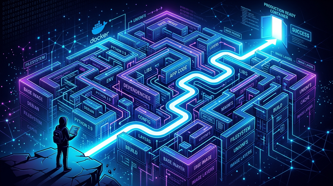 A sleek, dark-themed technical illustration of a beginner coder facing a giant, complex labyrinth representing container layers, with a clean path leading outwards